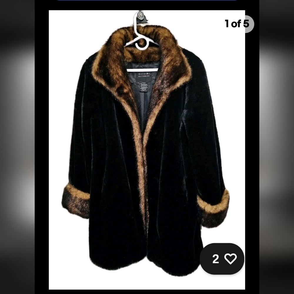 Tally Ho OuterWear Soft Black Brown Faux Fur Coat Size Large Excellent Condition